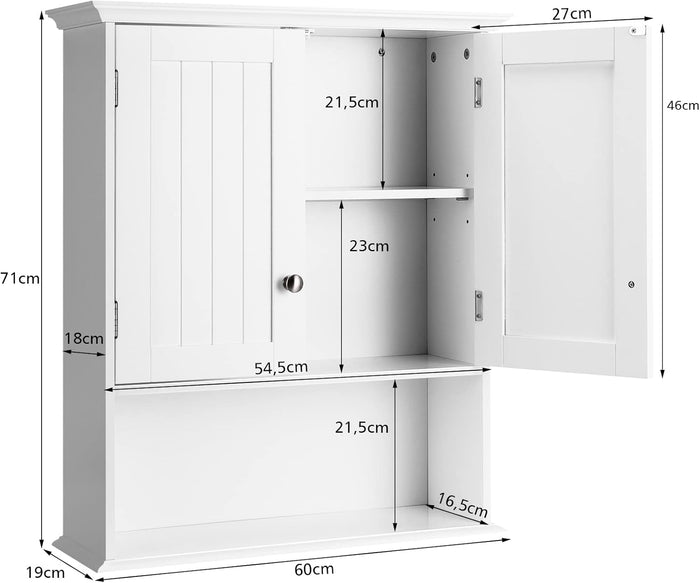Mobile da Bagno a Parete, Armadietto Bagno in Legno con Ante e Ripiani, Mobile Multiuso per Bagno, Cucina, Camera da Letto, 60 cm x 19 cm x 71 cm, Bianco