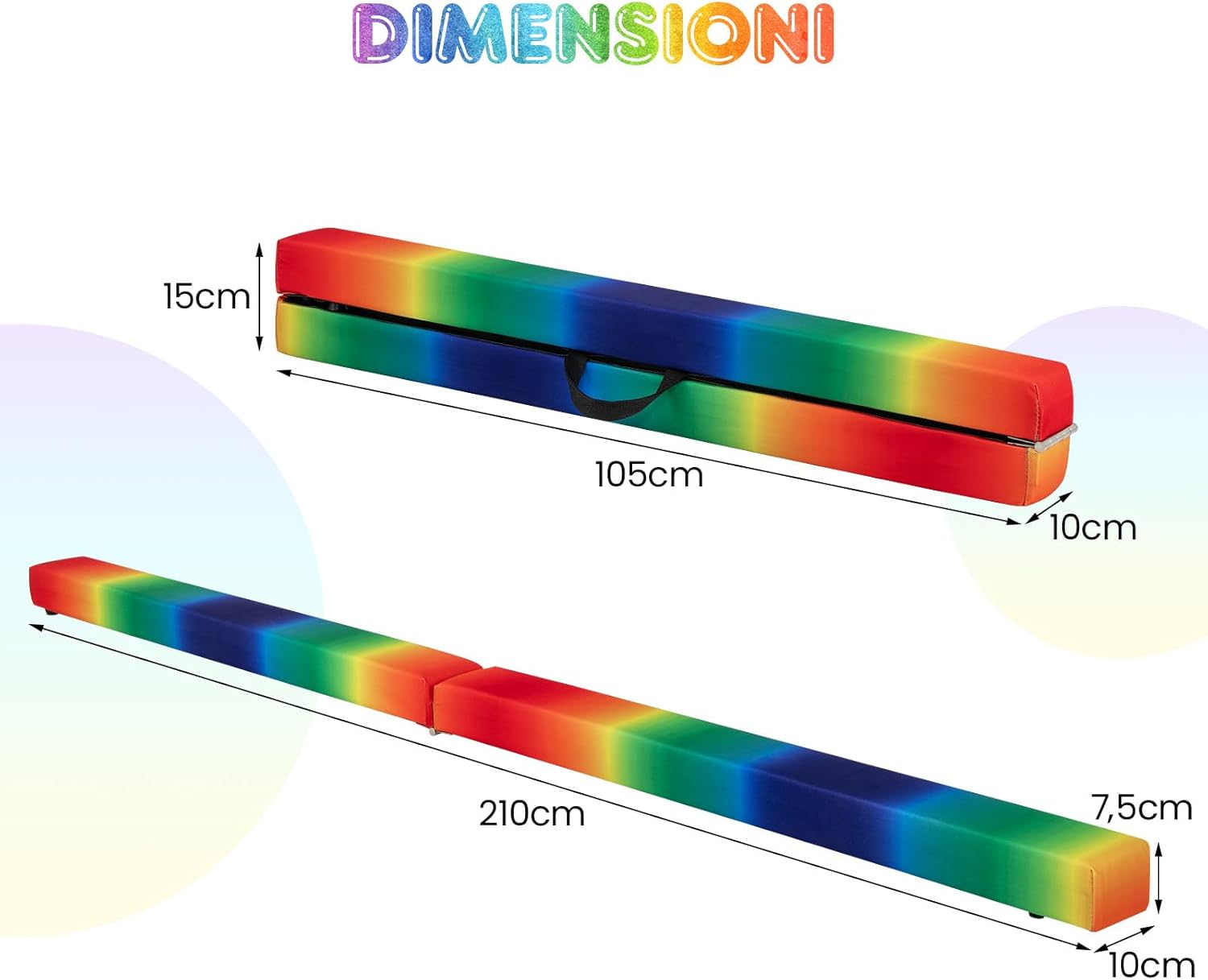 Trave Ginnastica Artistica per Casa 210/240 cm, Trave Pieghevole per Bambini con Maniglia, Base in Legno e Fondo Antiscivolo, Trave di Equilibrio da Pavimento