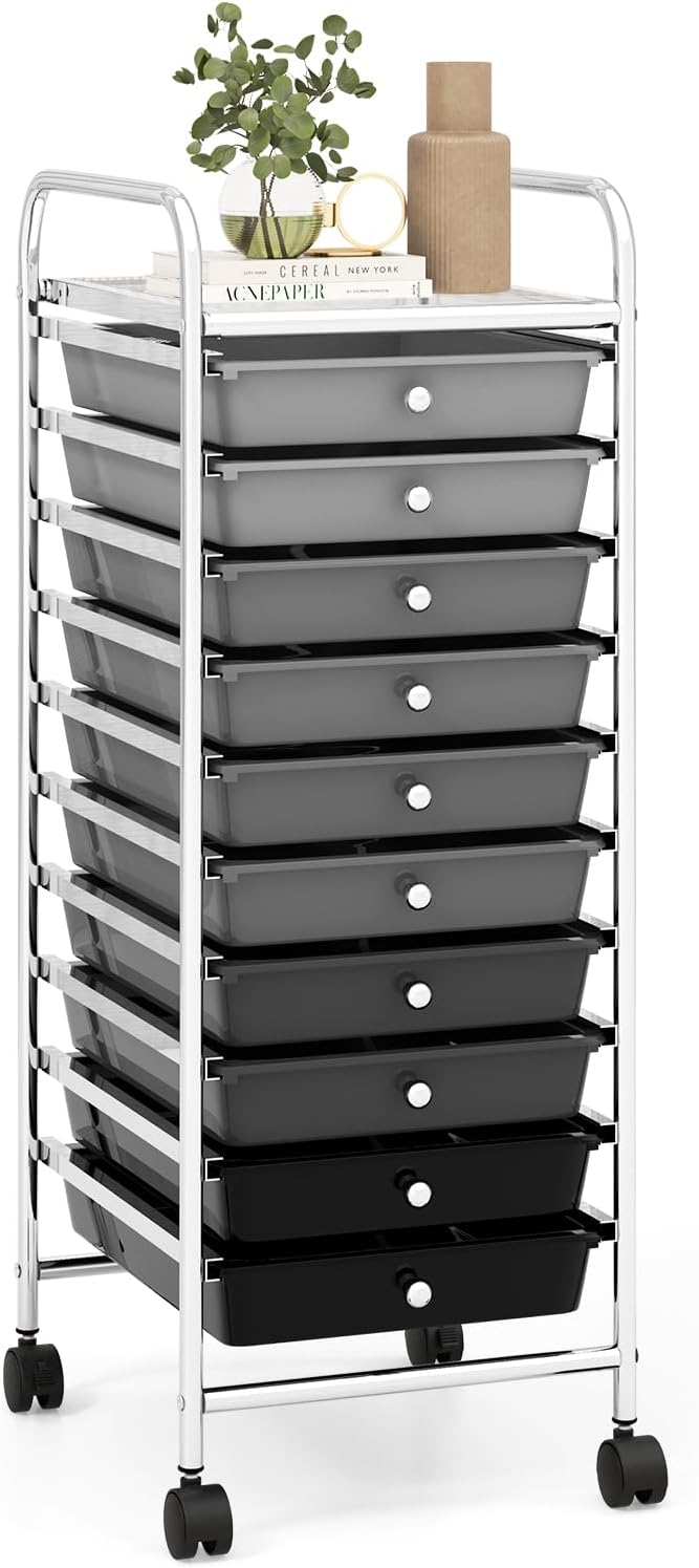Carrello con 10 Cassetti da Stoccaggio, Cassettiera di Metallo e Plastica, Contenitore Multiuso con Ruote a Freno, per Casa e Ufficio (Nero sfumato)