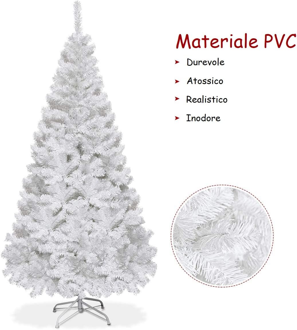 Albero di Natale 150/180/210/240 cm, Albero di Natale Bianco con 350/650/950/1138 Rami in PVC e Supporto in Metallo, Albero di Natale Artificiale per Casa, Ufficio e Negozio (180 cm)
