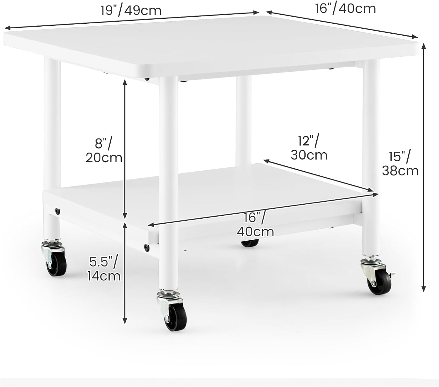 Supporto per Stampante, Carrello Stampante con Ruote Girevoli a 360⁰, Design Rimovibile, Superficie Ampia e Liscia, di Legno e Acciaio, 49 x 40 x 37 cm (Bianco)