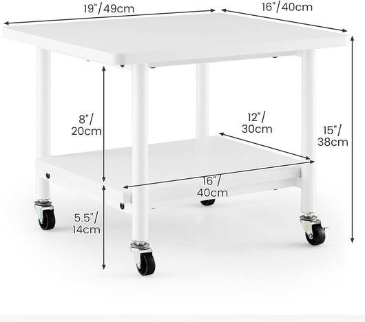 Supporto per Stampante, Carrello Stampante con Ruote Girevoli a 360⁰, Design Rimovibile, Superficie Ampia e Liscia, di Legno e Acciaio, 49 x 40 x 37 cm (Bianco)