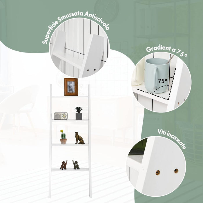 Scaffale di Stoccaggio in Legno di Pino, Porta Asciugamani a 4 Livelli per Bagno, Porta Salviette, Multiuso per Bagno Soggiorno (Bianco, 51 x 8 x 137 cm)