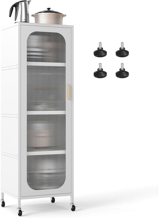 Armadio multiuso con anta semitrasparente, mobile metallico con ripiani regolabili in altezza, kit antiribaltamento, gambe/ruote, 45 x 40 x 141 cm, organizer per soggiorno, cucina, bagno
