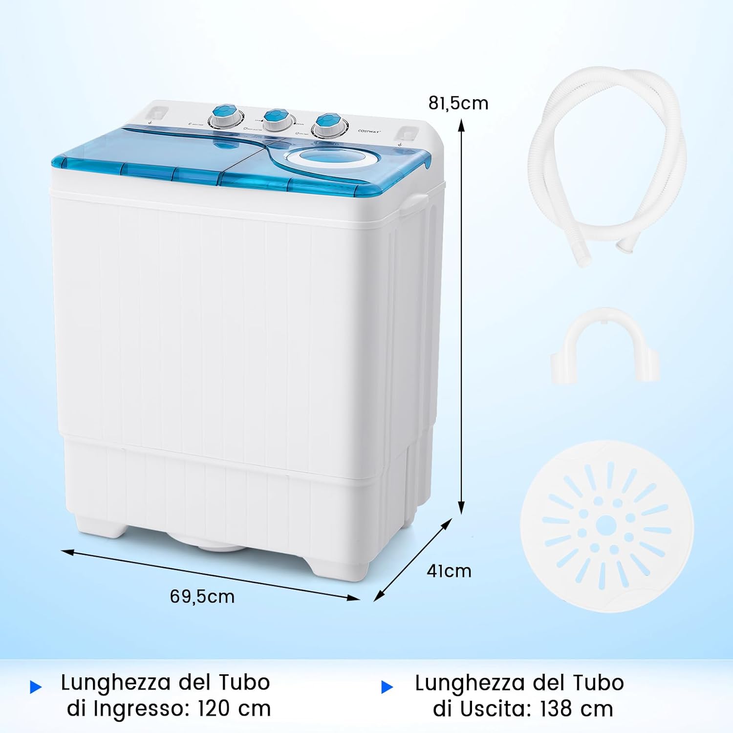 Lavatrice Portatile, Lavatrice a Doppio Cestello con Lavaggio (6,5 kg) e Centrifuga (2 kg), Ideale per Appartamento Campeggio, 69,5x41x81,5 cm (Blu) [Classe di efficienza energetica E]