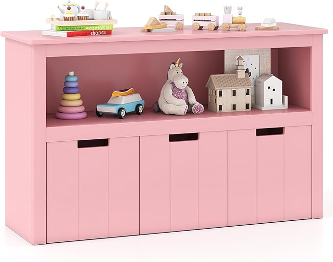 Armadio con 3 Cassetti, Scaffale di Legno con Ruote e Cubi per Giocattoli dei Bambini, Ampio Spazio, Organizer Durevole per Salone Camera da letto Camera dei bambini (Rosa)