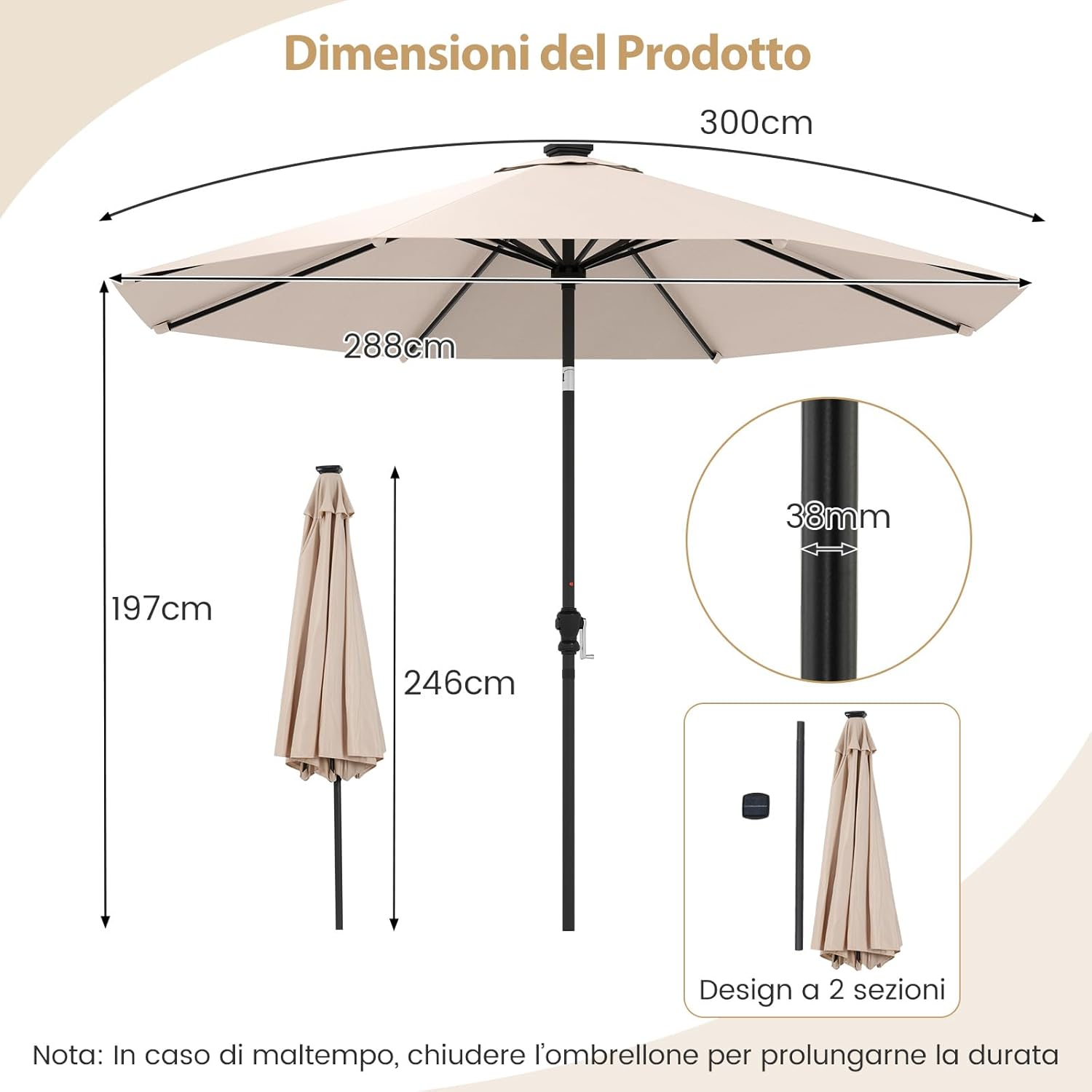 Ombrellone da Esterno 288 cm, con 96 Luci LED, Ombrellone Giardino con Inclinazione Regolabile, Manovella, 8 Stecche e Top Ventilato, Parasole da Mercato per Giardino Spiaggia (Beige)