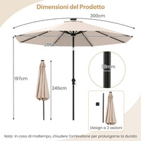 Ombrellone da Esterno 288 cm, con 96 Luci LED, Ombrellone Giardino con Inclinazione Regolabile, Manovella, 8 Stecche e Top Ventilato, Parasole da Mercato per Giardino Spiaggia (Beige)