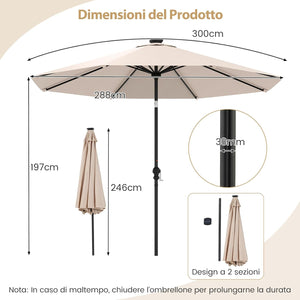 Ombrellone da Esterno 288 cm, con 96 Luci LED, Ombrellone Giardino con Inclinazione Regolabile, Manovella, 8 Stecche e Top Ventilato, Parasole da Mercato per Giardino Spiaggia (Beige)