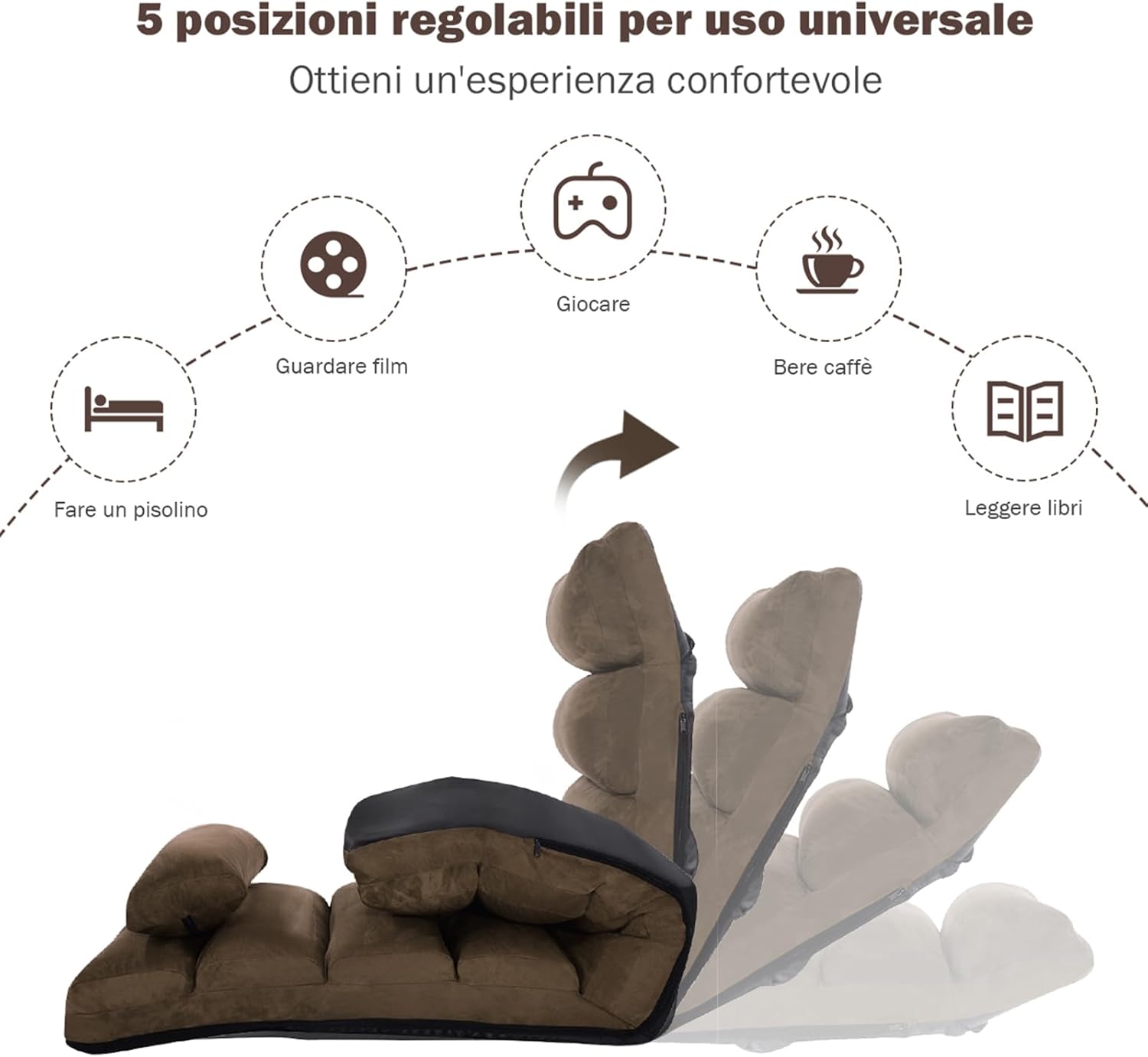 Sedia Pieghevole da Pavimento Portatile, Divano Imbottito, Regolabile in 5 Posizioni, Supporto per la Schiena, Ideale per Rilassarsi Leggere (Marrone)