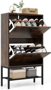 Armadio per Scarpe con 2 Cassetti a Ribalta, Scarpiera Nascosto con Ripiani Regolabili e Rimovibili, Ripiano in Metallo e Dispositivo Antiribaltamento, 60x24x106 cm (Marrone)