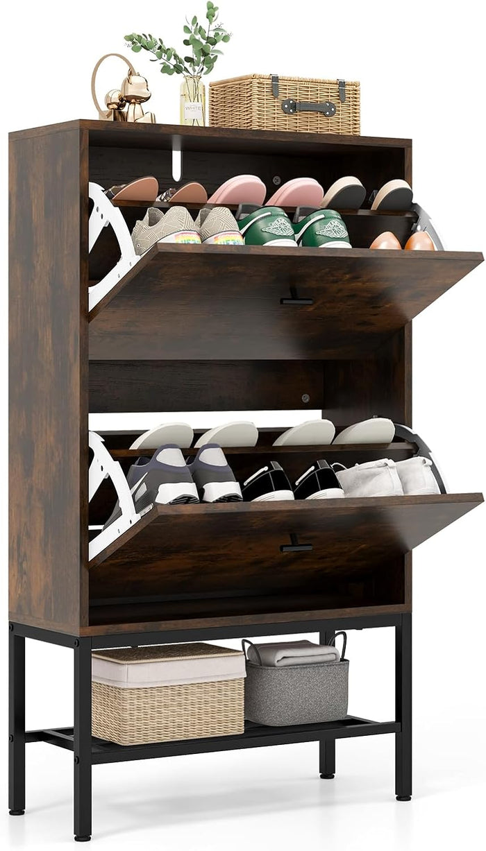 Armadio per Scarpe con 2 Cassetti a Ribalta, Scarpiera Nascosto con Ripiani Regolabili e Rimovibili, Ripiano in Metallo e Dispositivo Antiribaltamento, 60x24x106 cm (Marrone)