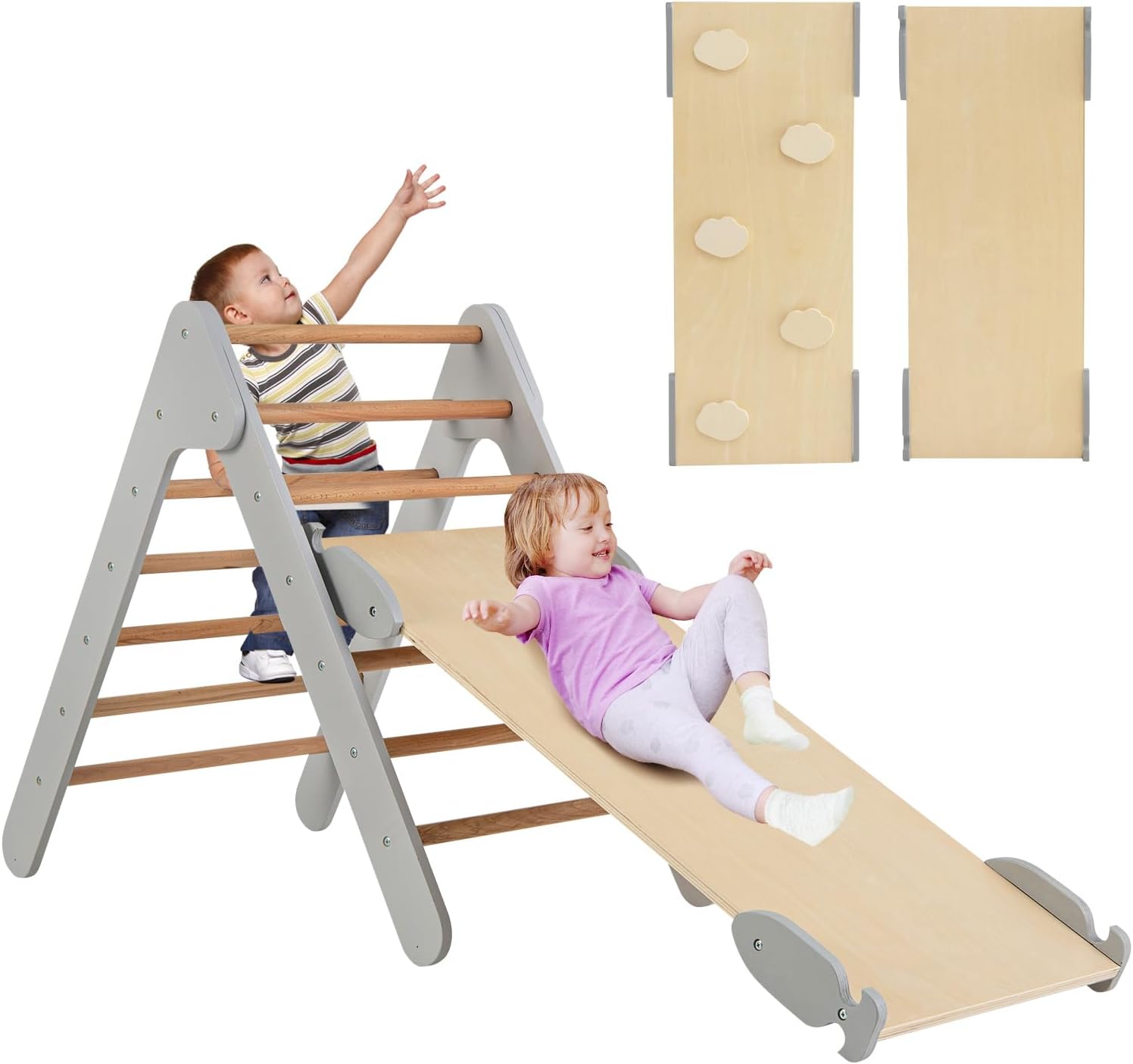3 in 1 Arrampicata Giocattolo a Triangolo per Bambini, Set di Arrampicata con Rampa di Scivolo a 2 Lati e Inclinazione Regolabile, Arrampicatore per Bambini 1 Anno+ (Grigio)