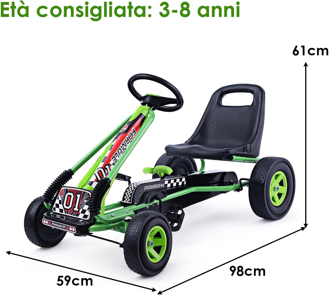 Go Kart a Pedali per Bambini, con Sedile Regolabile e Freno a Mano, Go Kart Veicolo per Bambini 3-8 Anni, Portata Massima 30 kg (Verde)