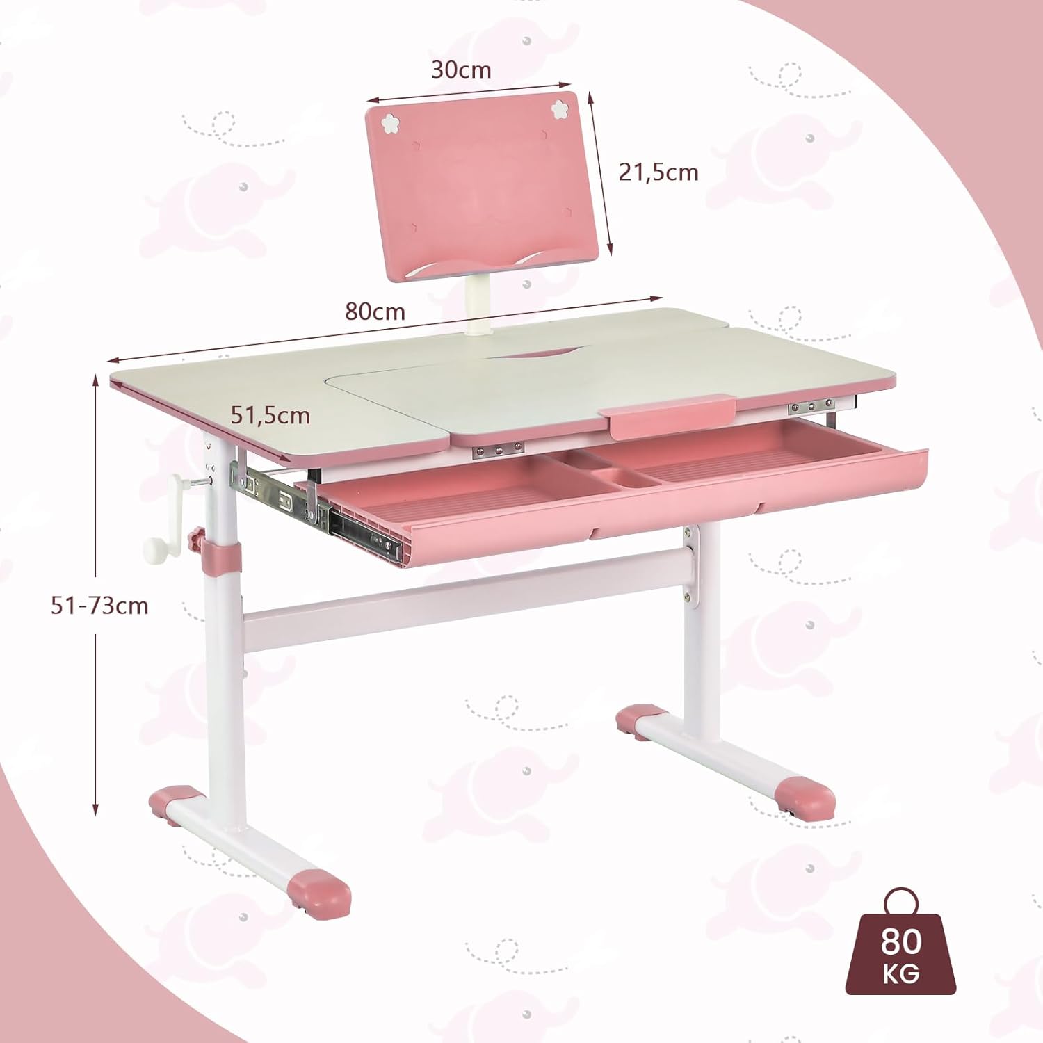 Scrivania per Bambini, Tavolo per Studenti con Regolabile in Altezza, con Piano Ribaltabile, Libreria, Cassetti e Righello di Misurazione, Ergonomica, Ideale per Bambini 3-12 Anni (Pink)