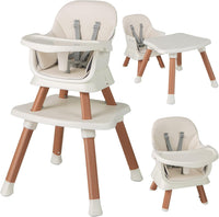 Seggiolone Pappa per Bambini 6 in 1, Seggiolone per Neonati Convertibile, Tavolo per Costruzioni per Bambini, con Imbracatura a 5 Punti, per Bambini da 6 Mesi fino 3 Anni (Bianco+Naturale)
