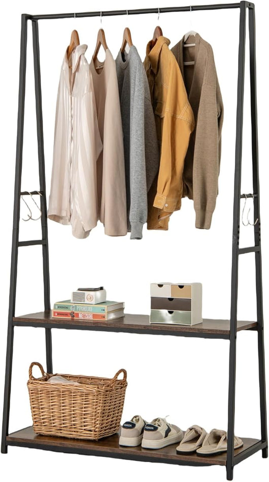 Appendiabiti con 2 Ripiani, Appendiabiti Autoportante con Struttura in Metallo Resistente, Stendibiancheria per Lavanderia Camera da Letto Soggiorno, 94x40x171 cm (Marrone)