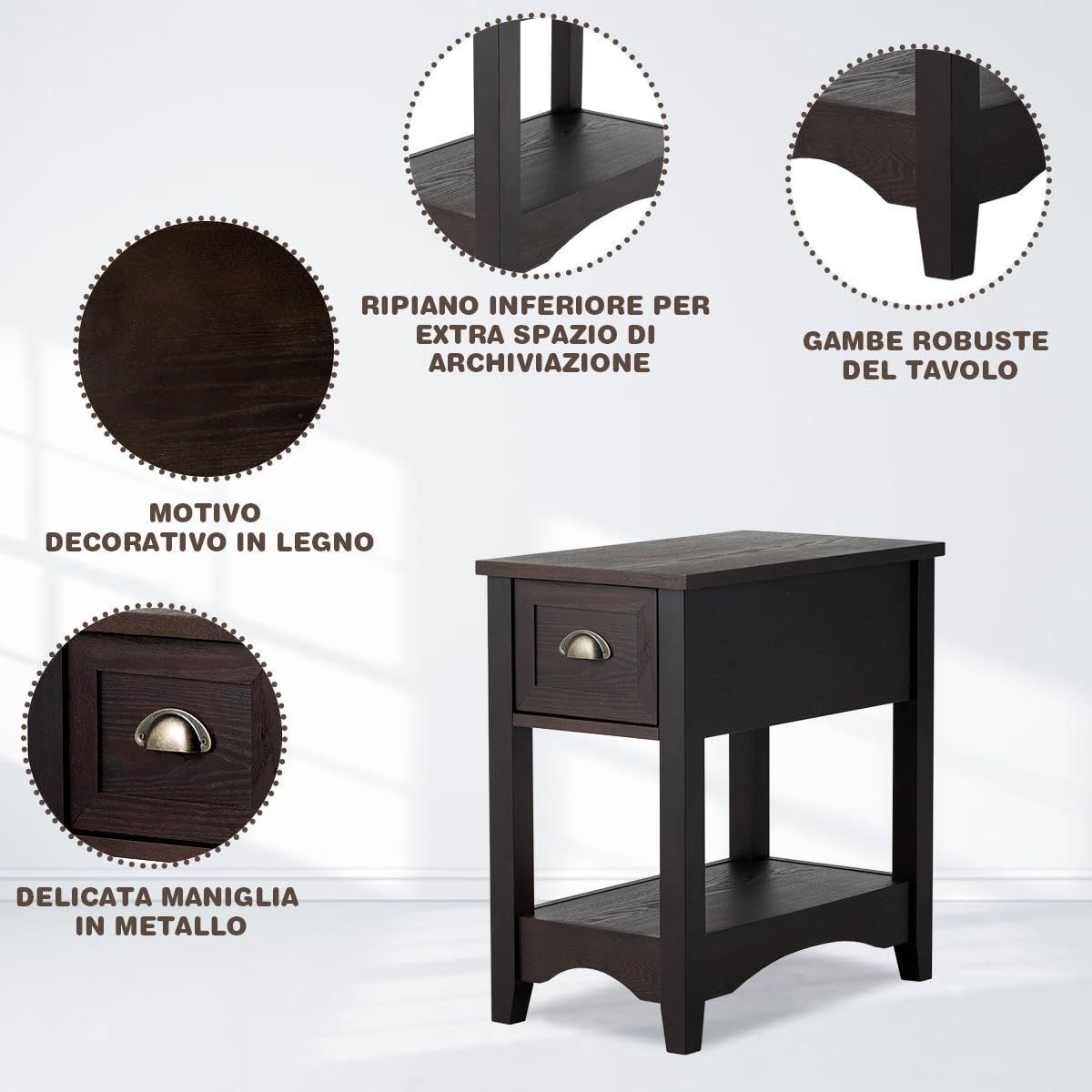 Tavolino da Salotto in Legno Massello, Comodino con 1 Cassetto e 1 Ripiano, Tavolino Basso da Soggiorno e Camera da Letto (56 x 33 x 58,5 cm, Caffè, 2)