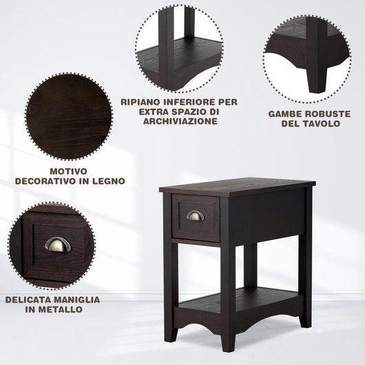 Tavolino da Salotto in Legno Massello, Comodino con 1 Cassetto e 1 Ripiano, Tavolino Basso da Soggiorno e Camera da Letto (56 x 33 x 58,5 cm, Caffè, 2)
