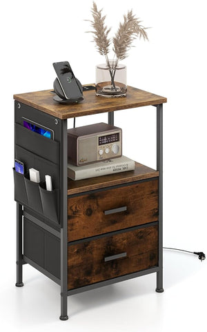 Tavolino con 2 Cassetti e 6 Tasche Laterali, Tavolino Versatile con Porte USB e Prese AC, Tavolino da Salotto e Camera da Letto, Marrone (38 x 30 x 60 cm, 1)