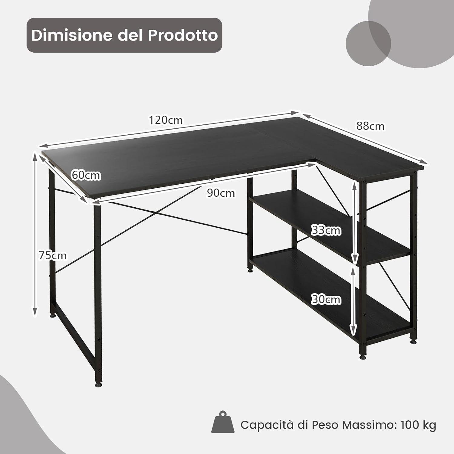 Scrivania Angolare 120 CM, Scrivania per Computer ad Angolo con 2 Ripiani, Scrivania Ufficio Reversibile Moderna con Design Salvaspazio, 120 x 88 x 74,5 cm (Black)