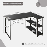 Scrivania Angolare 120 CM, Scrivania per Computer ad Angolo con 2 Ripiani, Scrivania Ufficio Reversibile Moderna con Design Salvaspazio, 120 x 88 x 74,5 cm (Black)