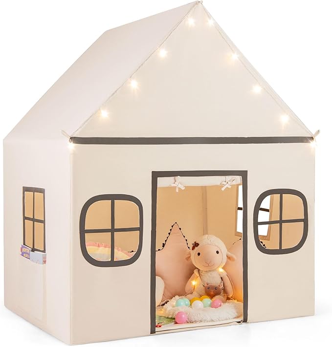 Tenda da Gioco per Bambini, con Tenda Porta e Finestre, Luci a Stella, Tappetino Antiscivolo, Casetta per Bambini e Bambine 3-10 Anni, 120 x 101 x 143 cm (Beige)