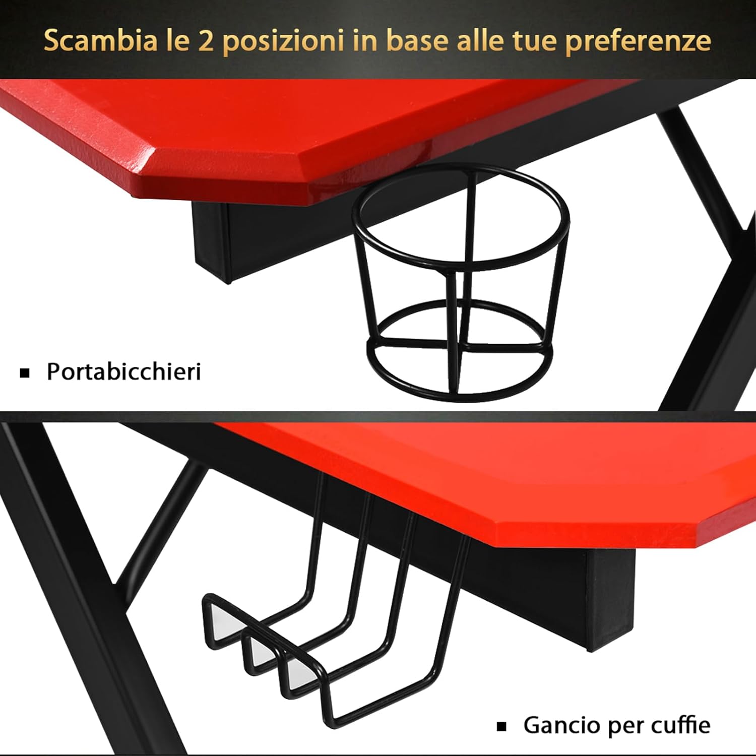 Scrivania da Gaming Tavolo per Computer Ergonomico, con Porta Bicchiere Gancio per Cuffie e Supporti Audio, 120 x 60 x 77 cm, Nero/Rosso