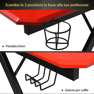 Scrivania da Gaming Tavolo per Computer Ergonomico, con Porta Bicchiere Gancio per Cuffie e Supporti Audio, 120 x 60 x 77 cm, Nero/Rosso