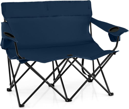 Sedia da Campeggio Doppia, Poltrona Pieghevole per 2 Persone con Portabicchieri, Borsa per il Trasporto, Sedia da Giardino Portatile per Spiaggia, Picnic, Pesca, Portata 300 kg (Blu)