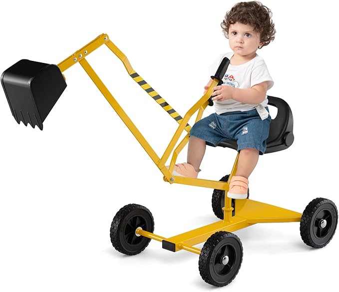 Ruspa Giocattolo per Bambini, Escavatore Cavalcabile con Controlli a 2 Mani Pala Flessibile, Sedile Rotabile a 360°, 4 Ruote, Ideale per Bambini 3 Anni+