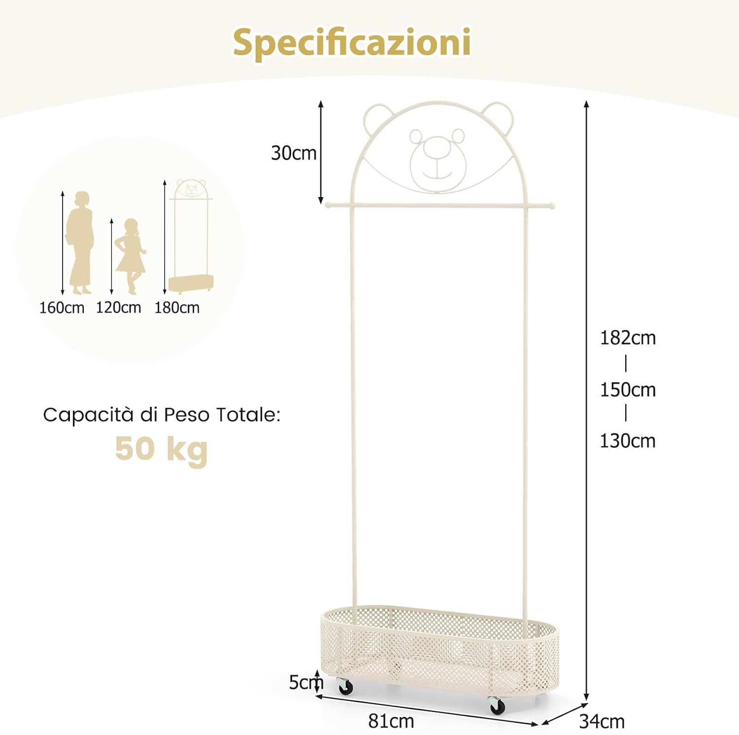 Appendiabiti per Bambini con 3 Altezze Regolabili, Supporto per Abiti con Ruote, con Asta e Cesto Portaoggetti in Ferro, per Stanza dei Bambini Soggiorno, 81x34x182 cm (Bianco)