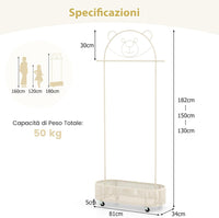 Appendiabiti per Bambini con 3 Altezze Regolabili, Supporto per Abiti con Ruote, con Asta e Cesto Portaoggetti in Ferro, per Stanza dei Bambini Soggiorno, 81x34x182 cm (Bianco)
