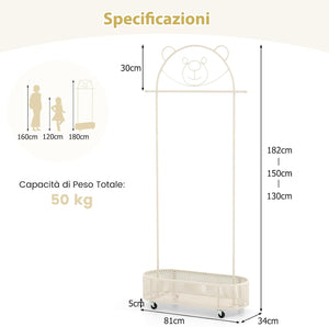 Appendiabiti per Bambini con 3 Altezze Regolabili, Supporto per Abiti con Ruote, con Asta e Cesto Portaoggetti in Ferro, per Stanza dei Bambini Soggiorno, 81x34x182 cm (Bianco)