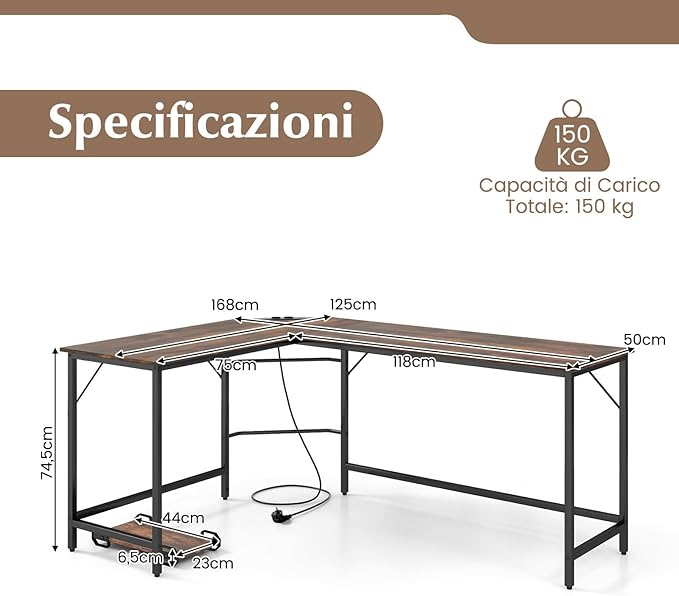 Scrivania Angolare Salvaspazio, Scrivania ad Angolo a Forma di L con Presa di Corrente, Supporto CPU e Telaio in Metallo Resistente, Scrivania per Computer da Casa e Ufficio (Marrone)