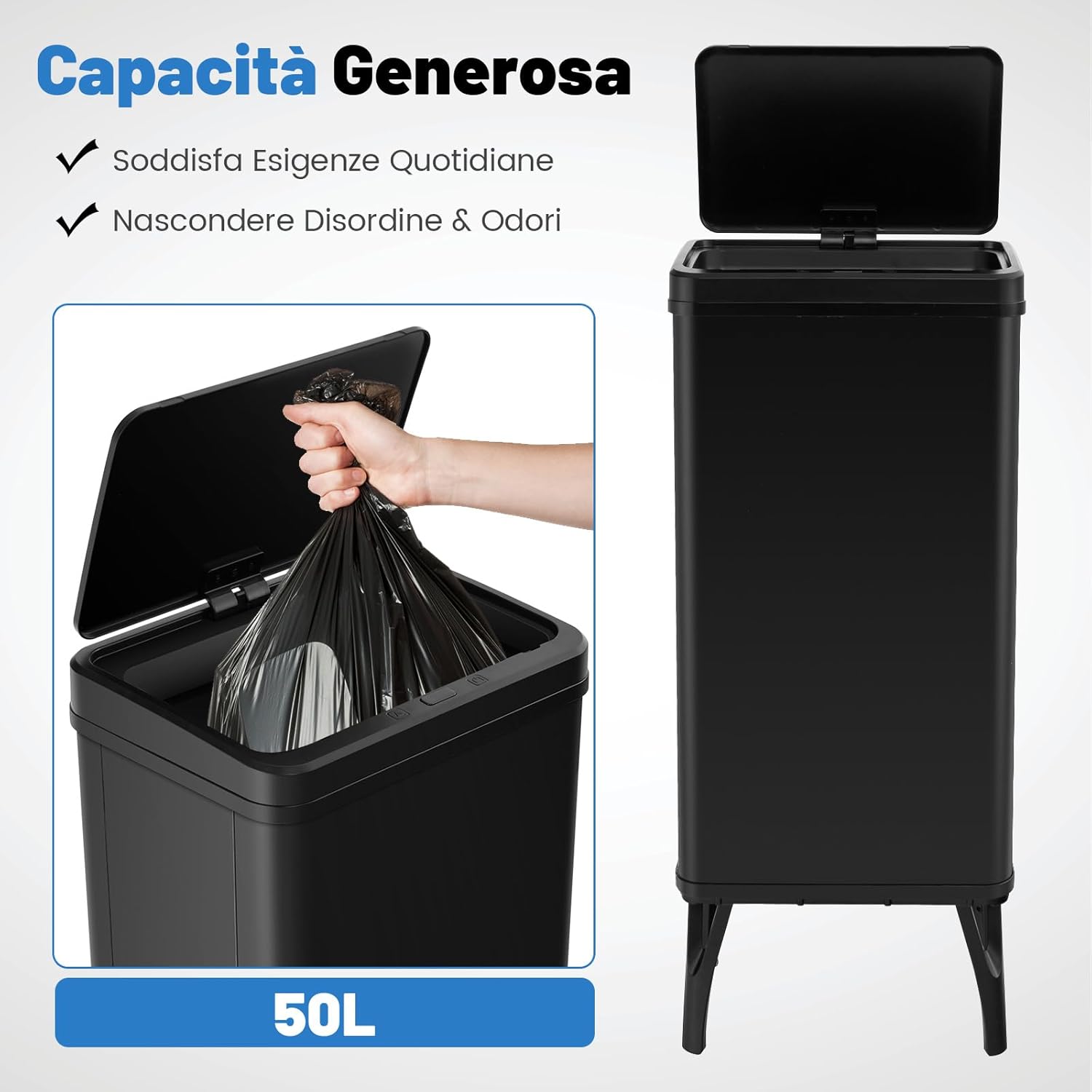 Bidone per Spazzatura in Acciaio Inossidabile 50L, Cestino per Spazzatura Automatico con Sensore di Movimento e Coperchio Rimovibile, con Gambe Staccabili per Cucina Ufficio (Nero)