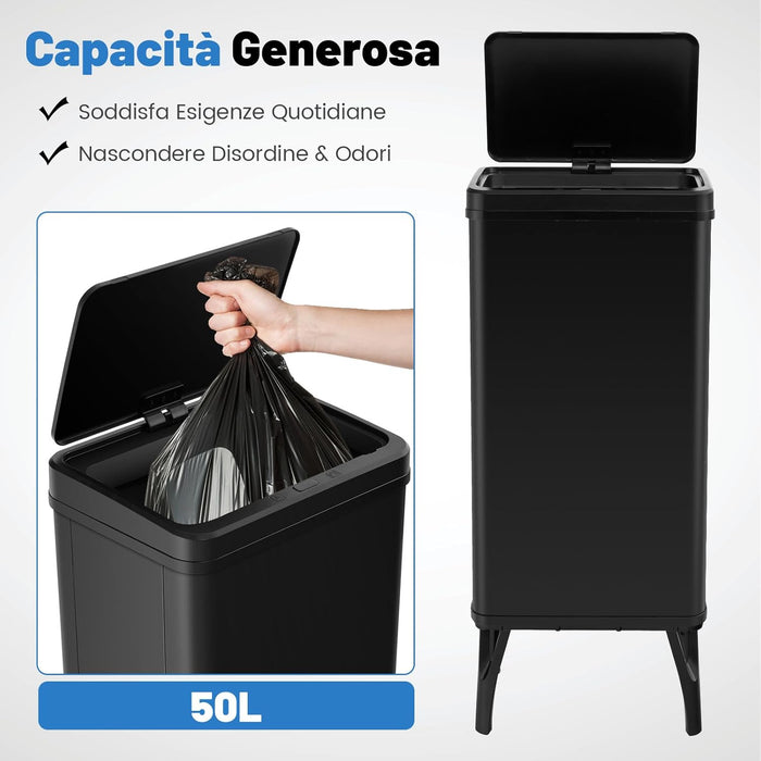 Bidone per Spazzatura in Acciaio Inossidabile 50L, Cestino per Spazzatura Automatico con Sensore di Movimento e Coperchio Rimovibile, con Gambe Staccabili per Cucina Ufficio (Nero)