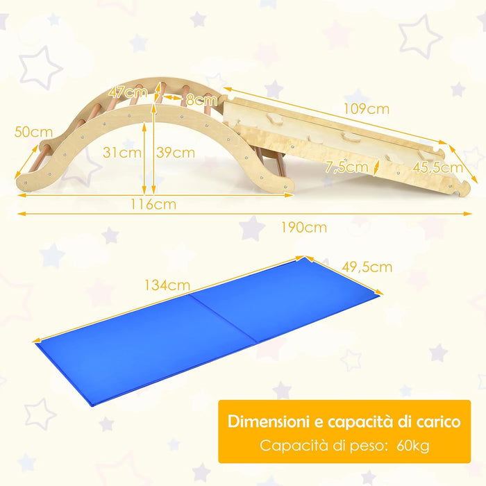 4 in 1 Set da Arrampicata per Bambini, Scala Giochi Arrampicata con Tappetino, Scala a Volta Versatile per Arrampicarsi e Scivolare, Carico 60 kg (Naturale)