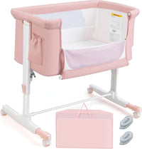 Culla Neonato Fianco Letto 3 in 1, Lettino Dondolo Neonati con Materasso, Culla da Campeggio con Ruote e Borsa, Regolabile In Altezza, Inclinazione di 10°, per Bambini 0-6 Mesi (Rosa)
