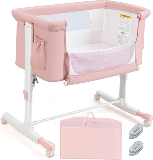 Culla Neonato Fianco Letto 3 in 1, Lettino Dondolo Neonati con Materasso, Culla da Campeggio con Ruote e Borsa, Regolabile In Altezza, Inclinazione di 10°, per Bambini 0-6 Mesi (Rosa)