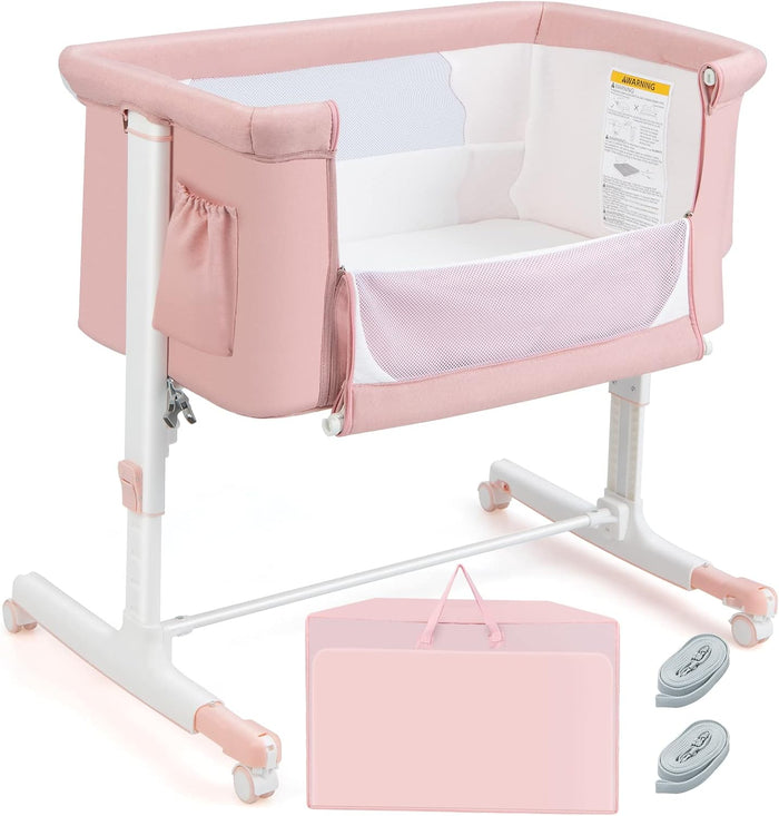 Culla Neonato Fianco Letto 3 in 1, Lettino Dondolo Neonati con Materasso, Culla da Campeggio con Ruote e Borsa, Regolabile In Altezza, Inclinazione di 10°, per Bambini 0-6 Mesi (Rosa)
