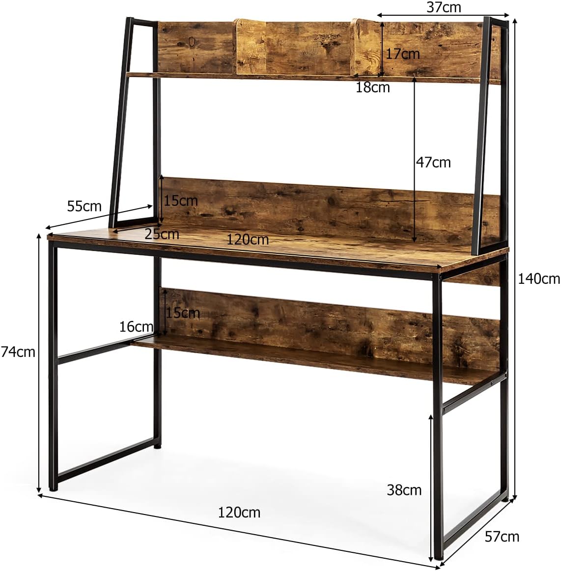 Scrivania con Libreria e Ripiano, Scrivania Salvaspazio per PC Portatile con 3 Scomparti e Ripiano Aperto, Scrivania per Ufficio e Casa, 120 x 57 x 140 cm (Marrone)