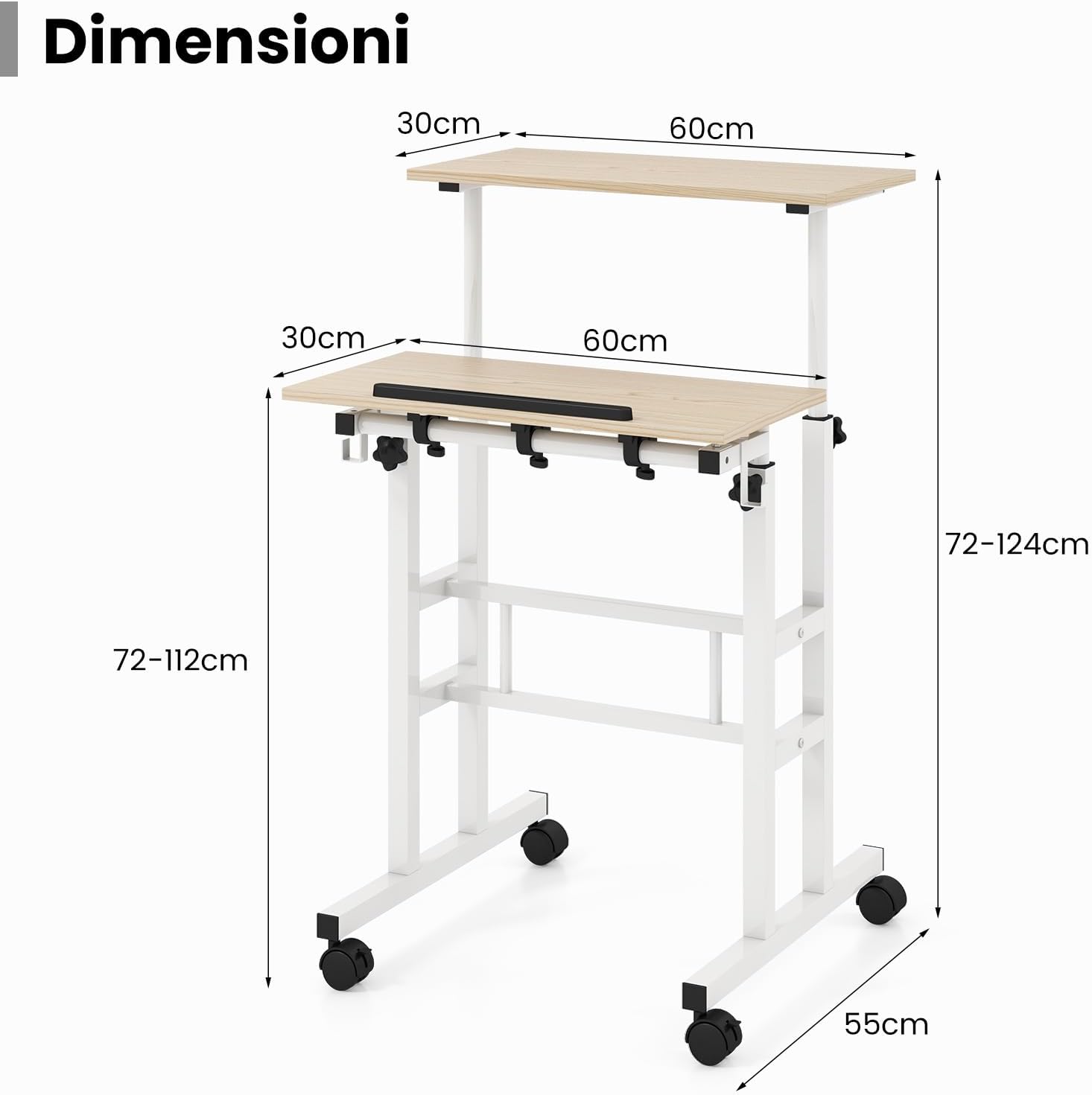Scrivania per Computer Regolabile in Altezza, Postazione di Lavoro per Computer con Ruote e Ganci, Tavolo Porta PC per Studio e Ufficio, 60 x 60 x 72-124 cm (Naturale)