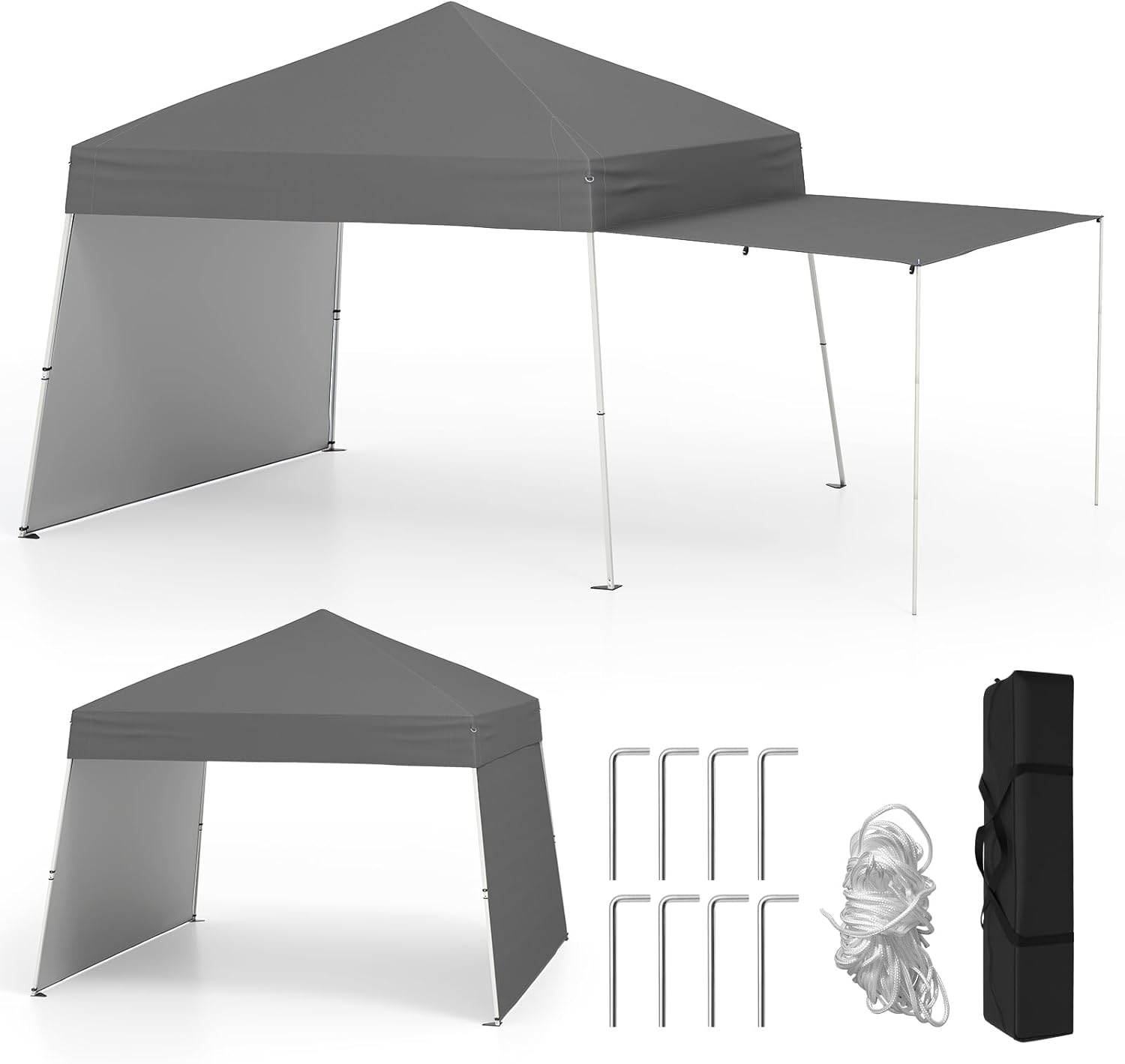 Gazebo Pieghevole 430 x 280 cm, Gazebo da Esterno con Pareti Laterali Convertibili in Tenda da Sole, 8 Picchetti, 4 Corde Antivento, Tendone Impermeabile per Feste (Grigio)
