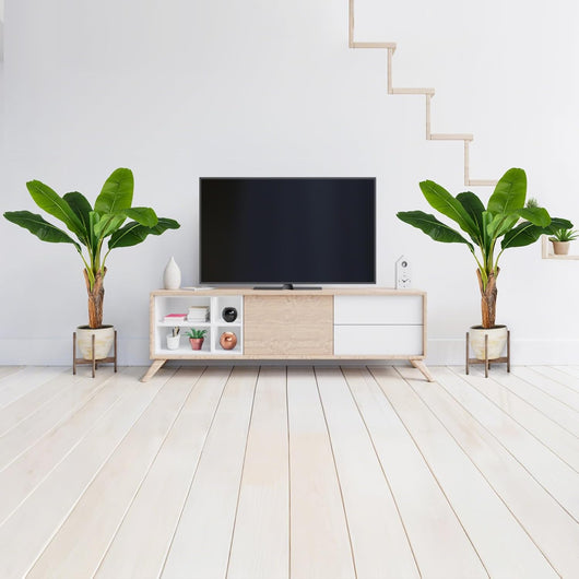 Set da 2 Alberi di Banane Artificiali, Pianta Finta con Foglie di Banana e Rami Regolabili con Vaso, Pianta in Vaso Decorativa da Interno per Soggiorno o Ufficio