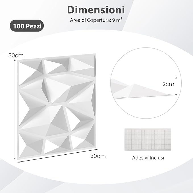 100 Pezzi 3D Pannelli Murali 30 x 30 cm, Pannello da Parete 3D Diamante, Decorazione Interna da Parete in PVC, 9 m², per Soggiorno Camera da Letto (9㎡,Bianco)