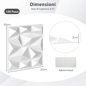 100 Pezzi 3D Pannelli Murali 30 x 30 cm, Pannello da Parete 3D Diamante, Decorazione Interna da Parete in PVC, 9 m², per Soggiorno Camera da Letto (9㎡,Bianco)