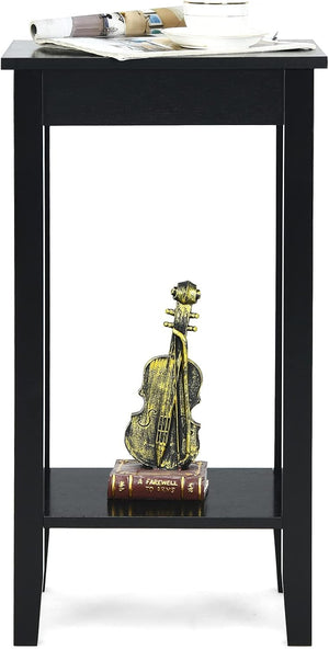 Tavolino da Salotto Alto a 2 Livelli Aperti, Tavolino Comodino in Legno di Pino Massicio, Tavolino Moderno Portaoggetti per Soggiorno e Camera da Letto, 40 x 30 x 73,5 cm (1, Nero)