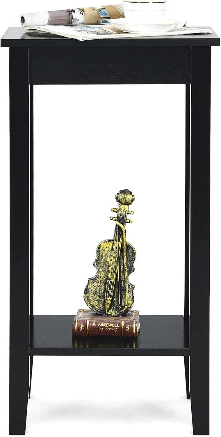 Tavolino da Salotto Alto a 2 Livelli Aperti, Tavolino Comodino in Legno di Pino Massicio, Tavolino Moderno Portaoggetti per Soggiorno e Camera da Letto, 40 x 30 x 73,5 cm (1, Nero)