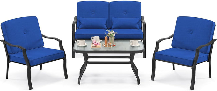 4 Pezzi Set di Mobili da Giardino, con Cuscini e Tavolino in Vetro Temperato, Struttura in MetalloSet di Divani da Esterno per Giardino Cortile e Piscina (Blu)